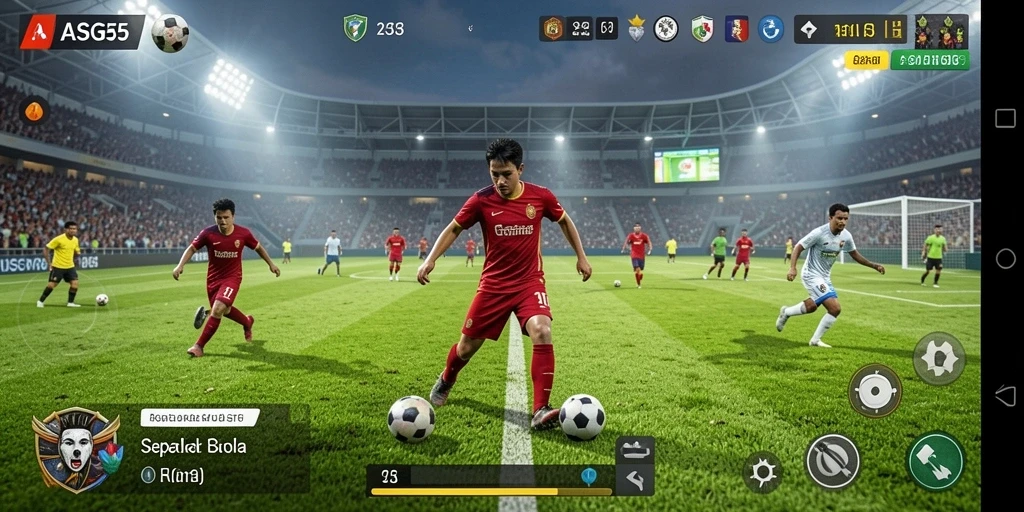 Screenshot gameplay ASG55 menampilkan aksi seru di lapangan sepak bola.