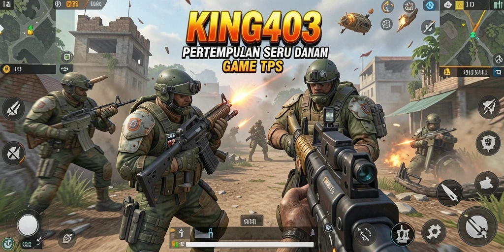 Screenshot KING403 menampilkan aksi tembak-menembak seru dalam pertempuran TPS.