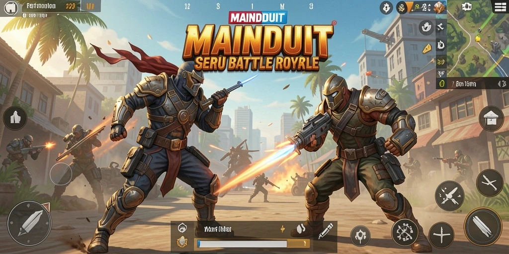 Screenshot gameplay seru dari pertempuran di MAINDUIT Battle Royale.