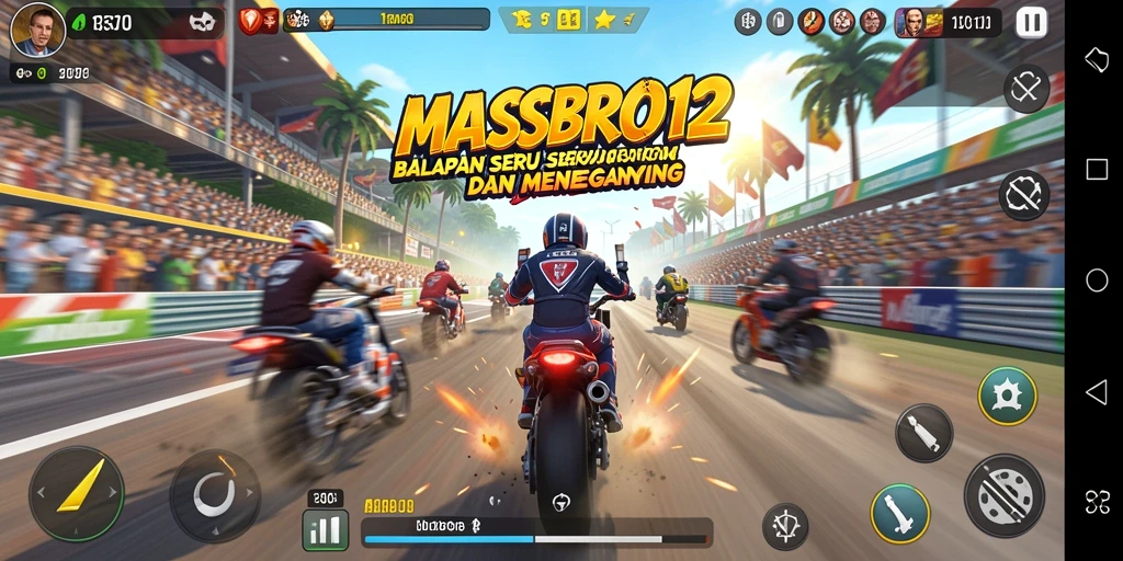 Screenshot gameplay MASBRO12 yang menampilkan aksi balap mendebarkan.