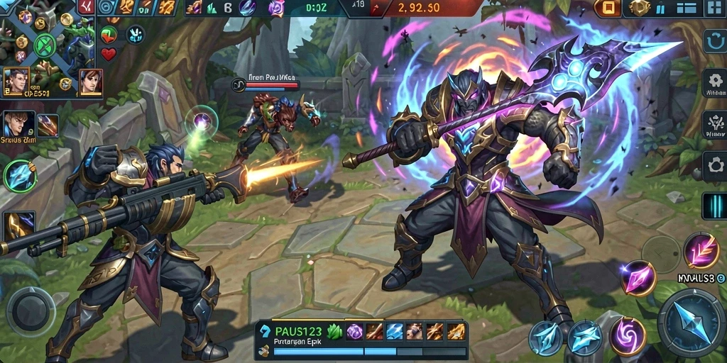 Tampilan gameplay PAUS123 yang seru dalam aksi pertarungan MOBA.
