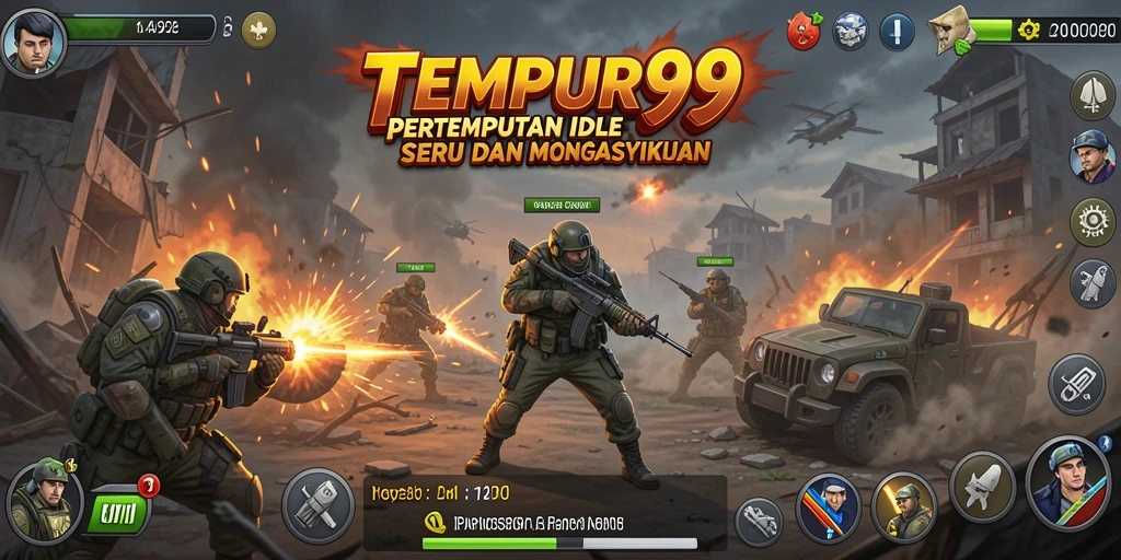Screenshot TEMPUR99 menampilkan pertempuran yang seru dan karakter yang beragam.